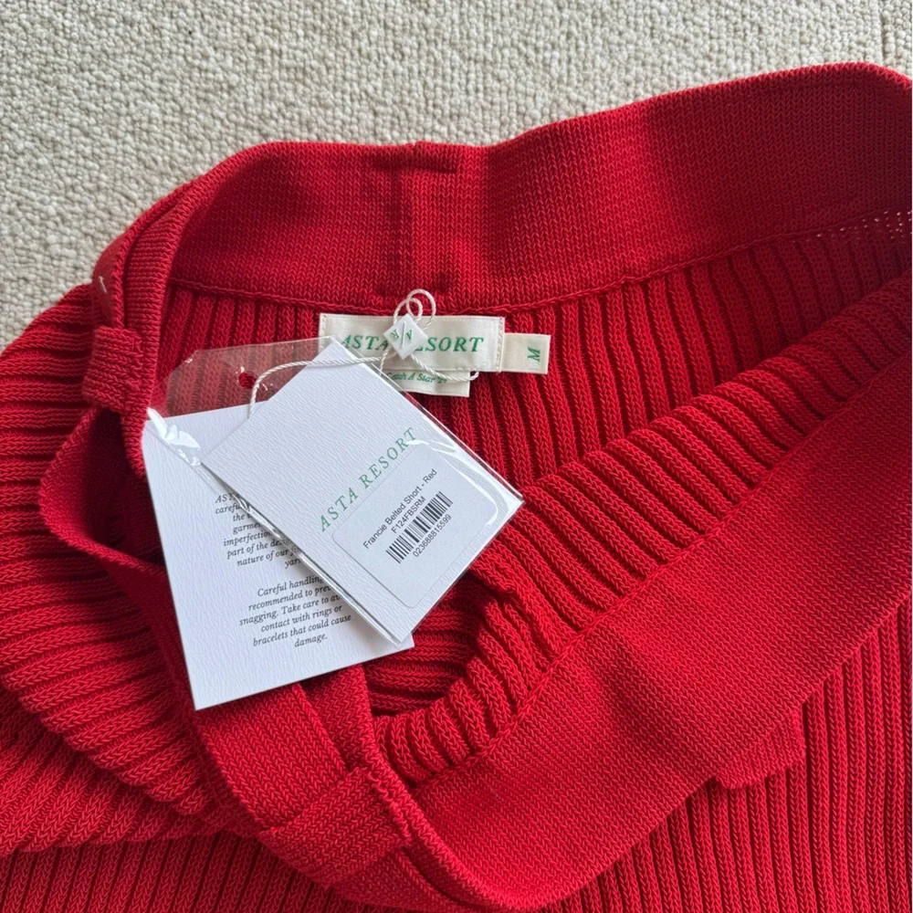 NWT Asta Resort Francie Belted Knit Shorts Red White Trim Size M